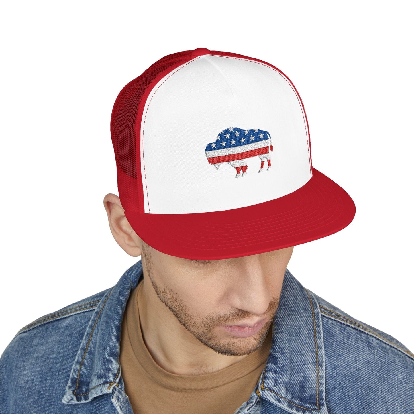 Hats Red/White/Red 5 Panel Trucker Cap - Bison