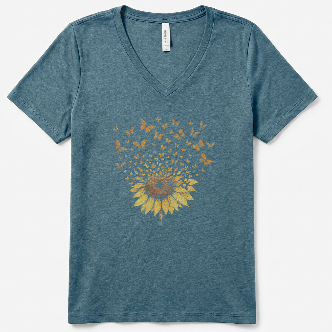 Sunburst Butterflies V-Neck Heather - women's relaxed v-neck tee in Heather Slate from Summit Soul