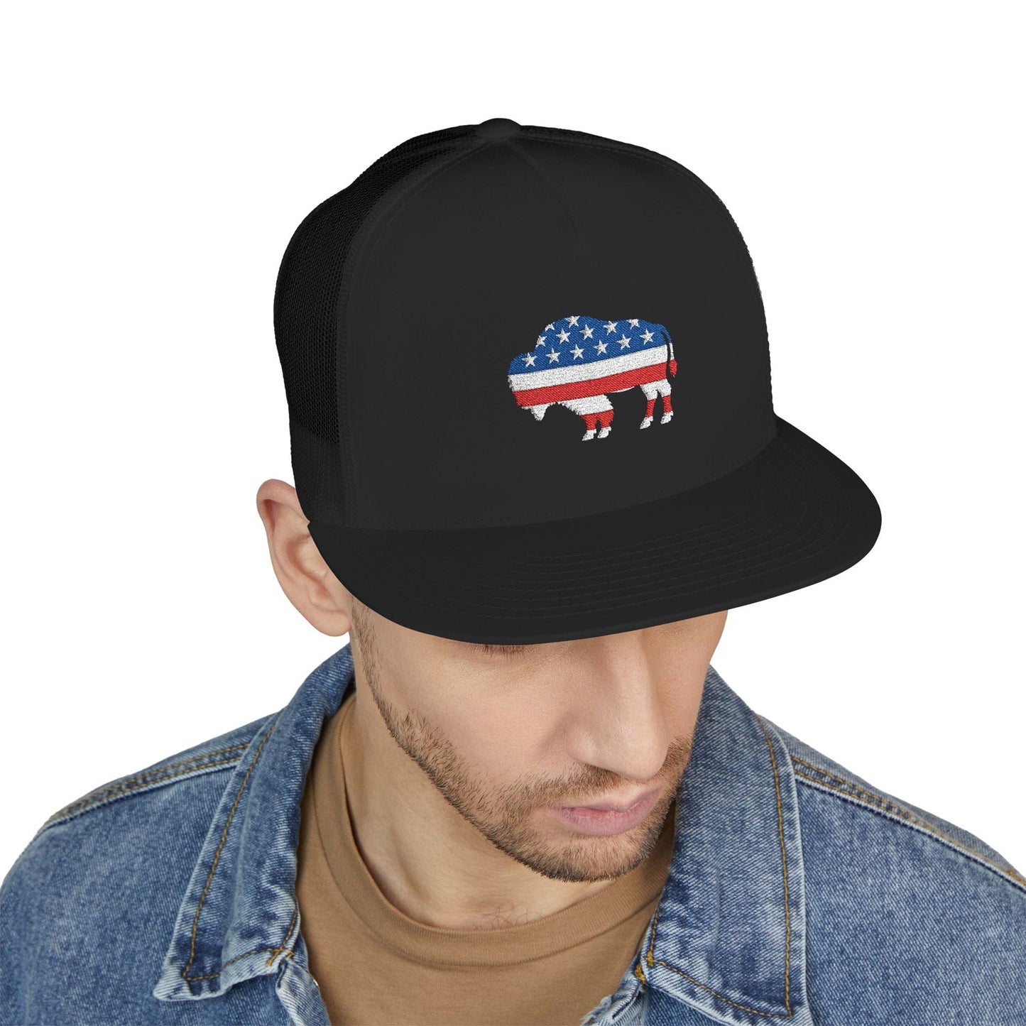 Hats Black 5 Panel Trucker Cap - Bison