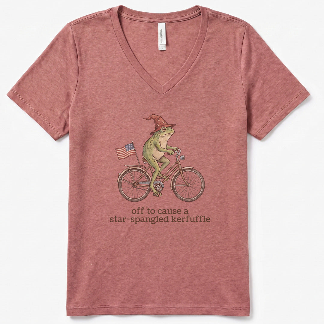 Off to Cause a Star-Spangled Kerfuffle V-Neck Heather - women's relaxed v-neck tee in Heather Mauve from Summit Soul