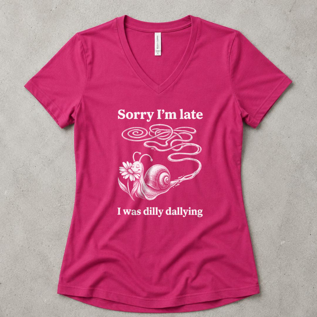 Sorry I'm Late I Was Dilly Dallying V-Neck - women's relaxed v-neck tee in Berry from Summit Soul