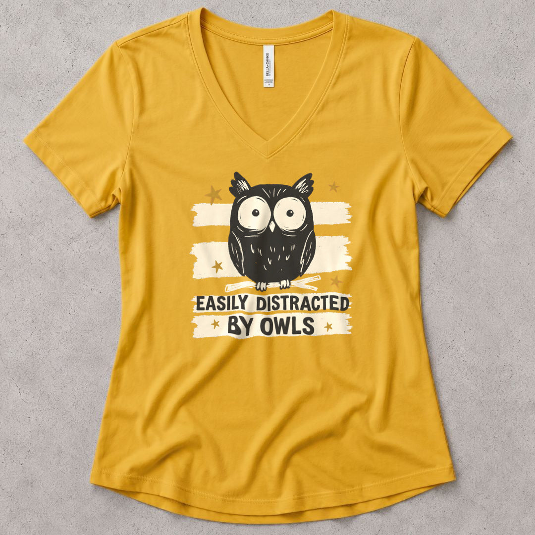Easily Distracted by Owls V-Neck - women's relaxed v-neck tee in Mustard from Summit Soul