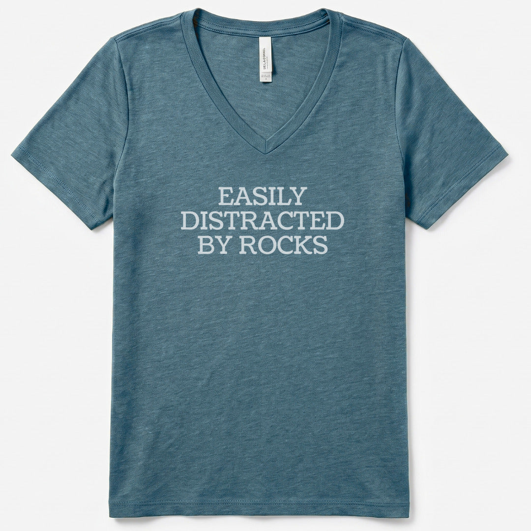Easily Distracted By Rocks V-Neck Heather - women's relaxed v-neck tee in Heather Slate from Summit Soul