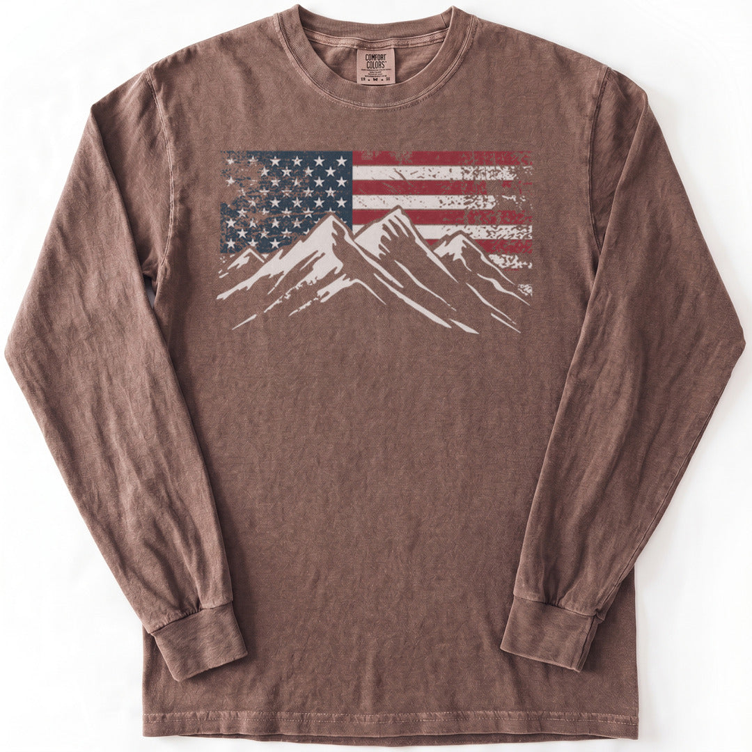 4th July Patriotic Peaks Premium LS - Comfort Colors garment-dyed long sleeve in Espresso from Summit Soul