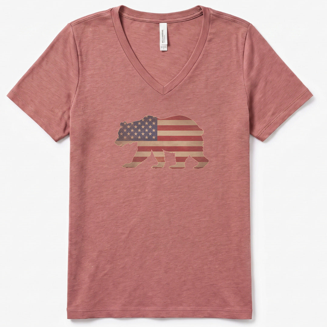 Patriotic Bear V-Neck Heather - women's relaxed v-neck tee in Heather Mauve from Summit Soul