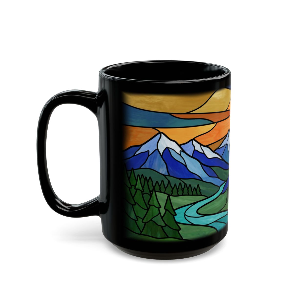 Stained Glass Sunset Peaks Black Mug - 15oz black ceramic mug