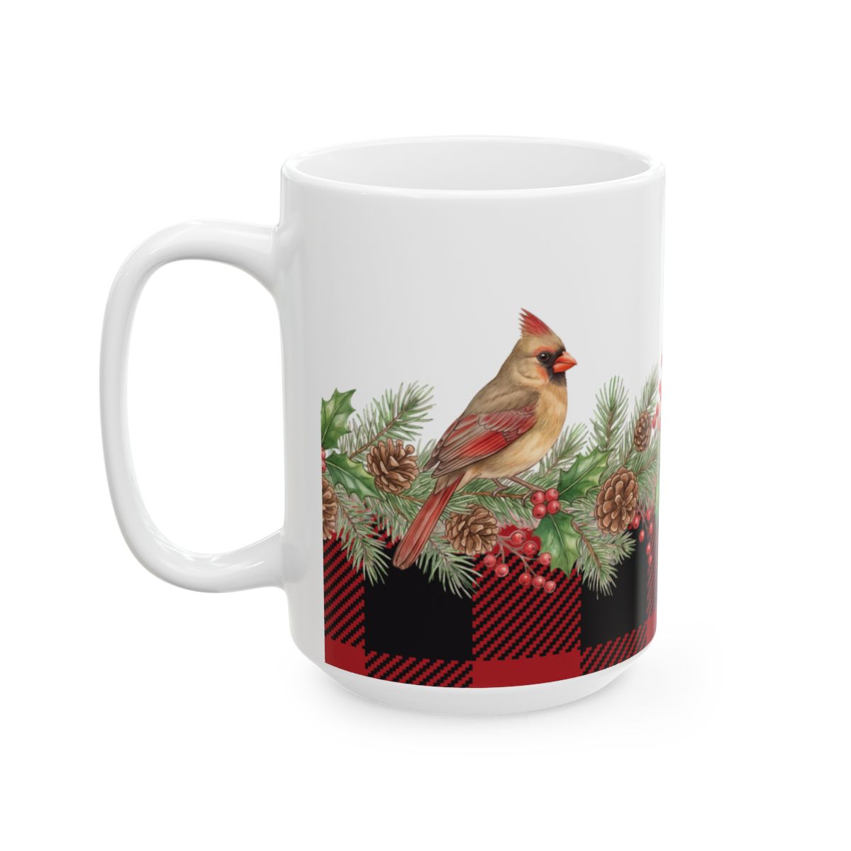 Buffalo Plaid Cardinal Garland Mug - 15oz white ceramic mug