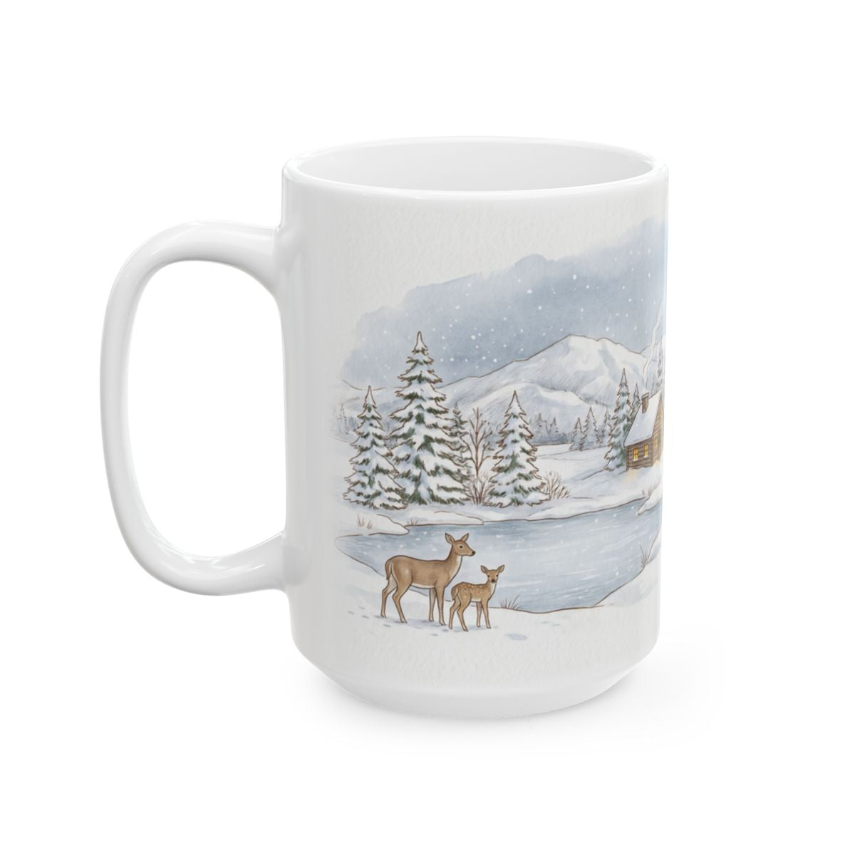 Snowy Cabin Village Mug - 15oz white ceramic mug