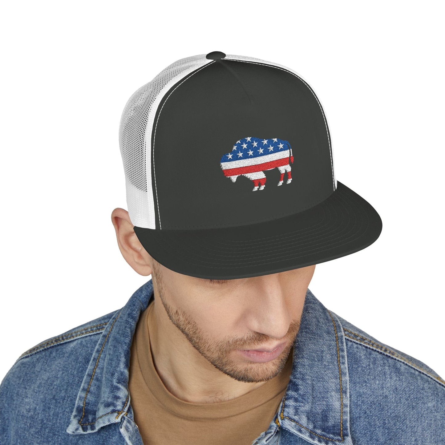 Hats Charcoal/White 5 Panel Trucker Cap - Bison