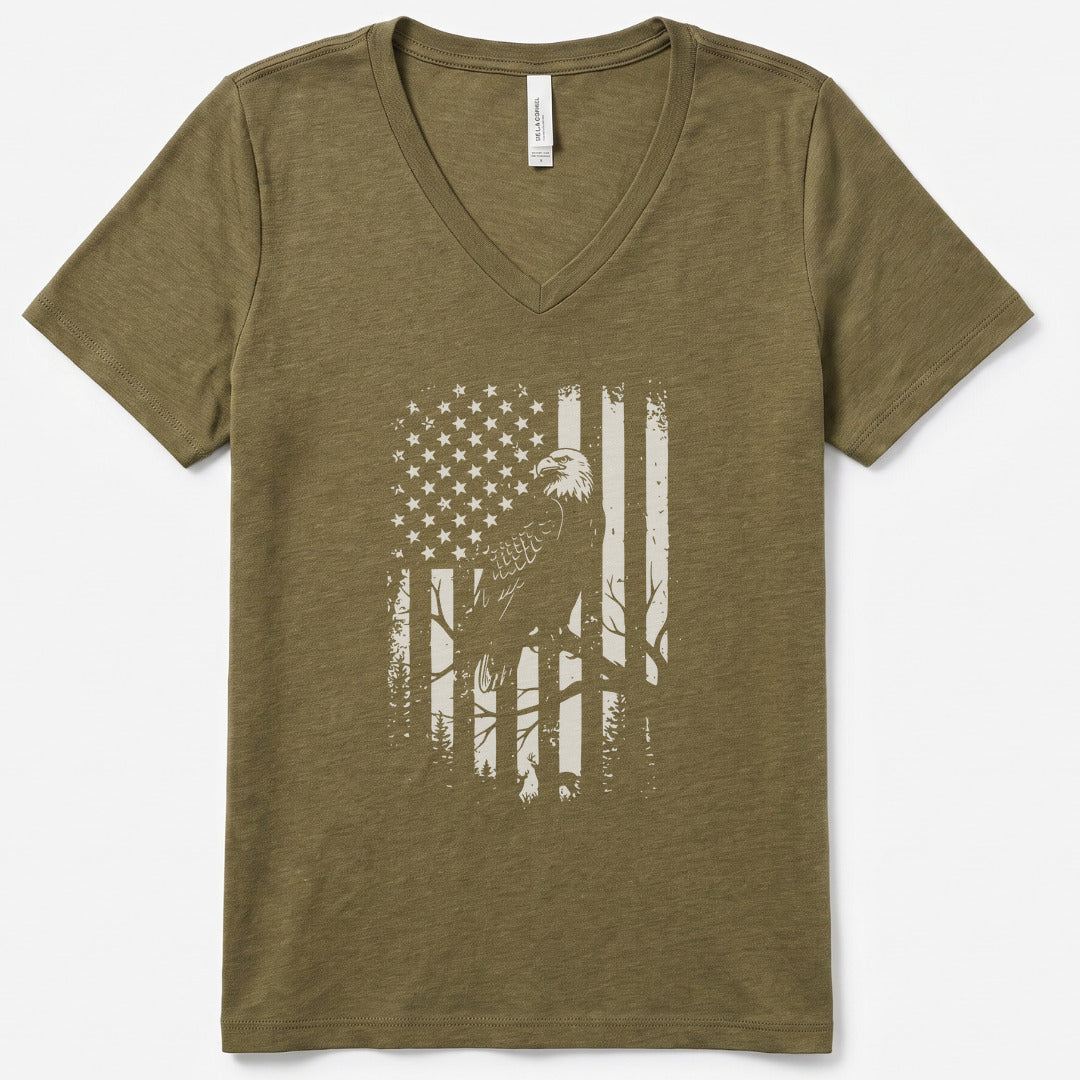Eagle Freedom Flag V-Neck Heather - women's relaxed v-neck tee in Heather Olive from Summit Soul