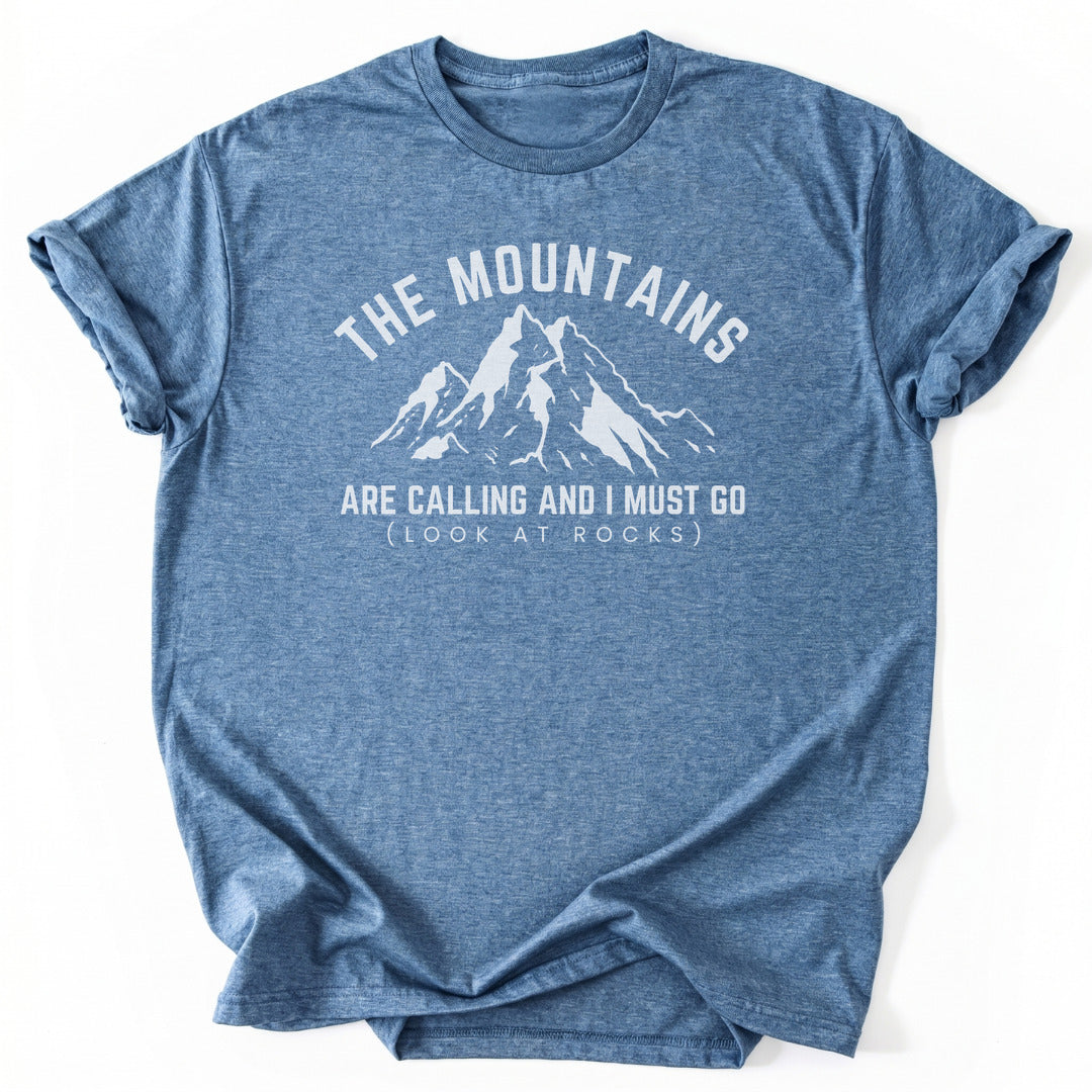 T-Shirt Heather Indigo / S Mountains Call, Rocks Await T-Shirt