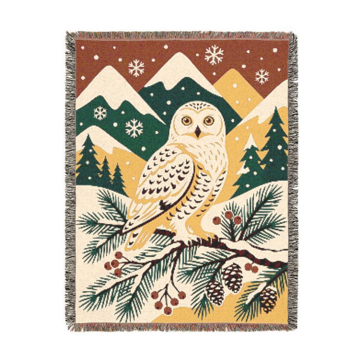 Christmas Snowy Owl Woven Blanket, a 60 x 80 inch woven cotton throw blanket with fringed edges