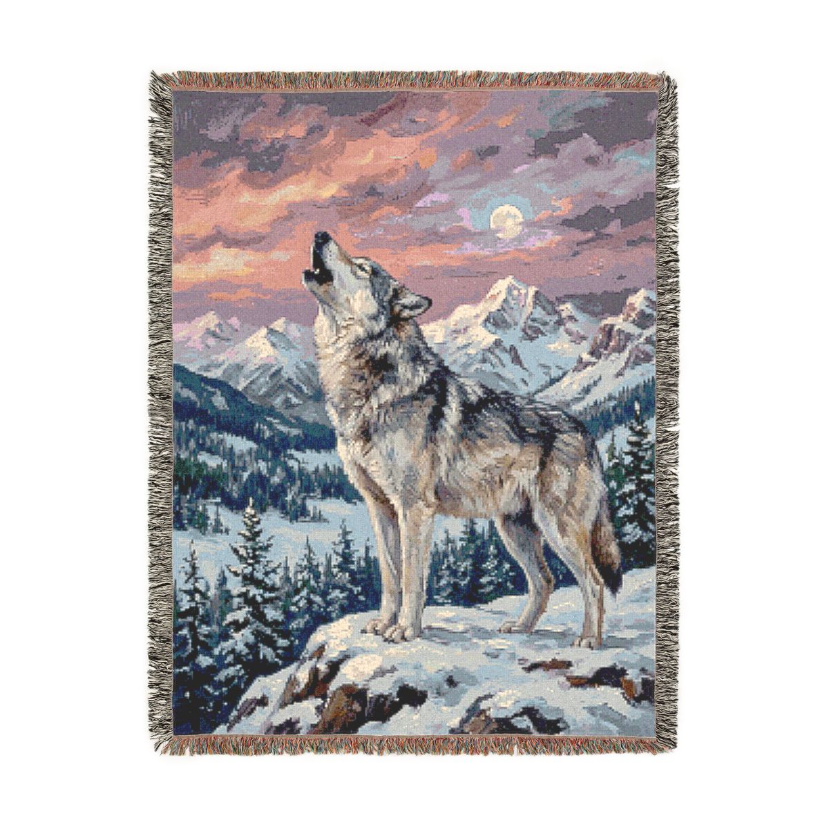 Howling Wolf Woven Blanket, a 60 x 80 inch woven cotton throw blanket with fringed edges