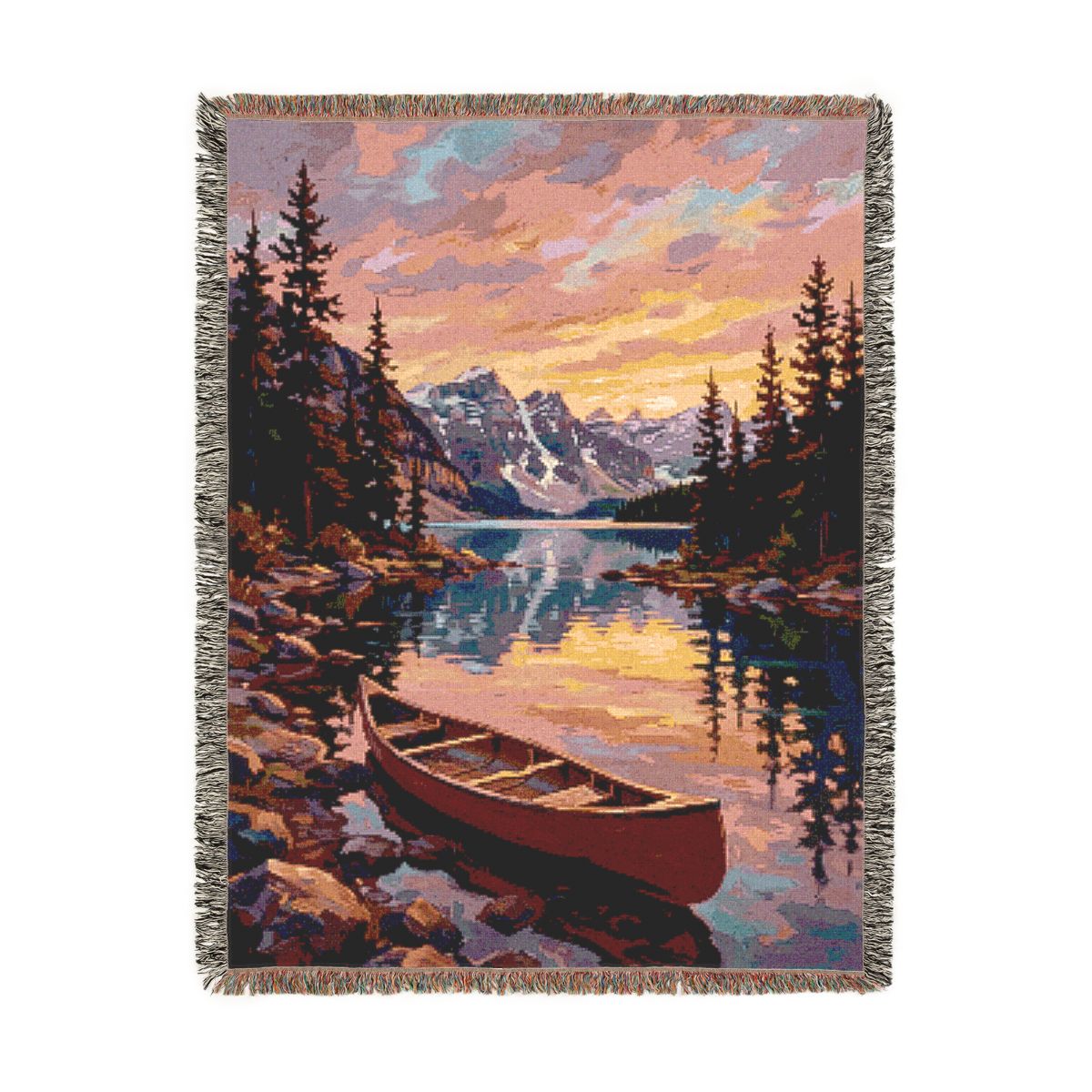 Red Canoe Lake Woven Blanket, a 60 x 80 inch woven cotton throw blanket with fringed edges