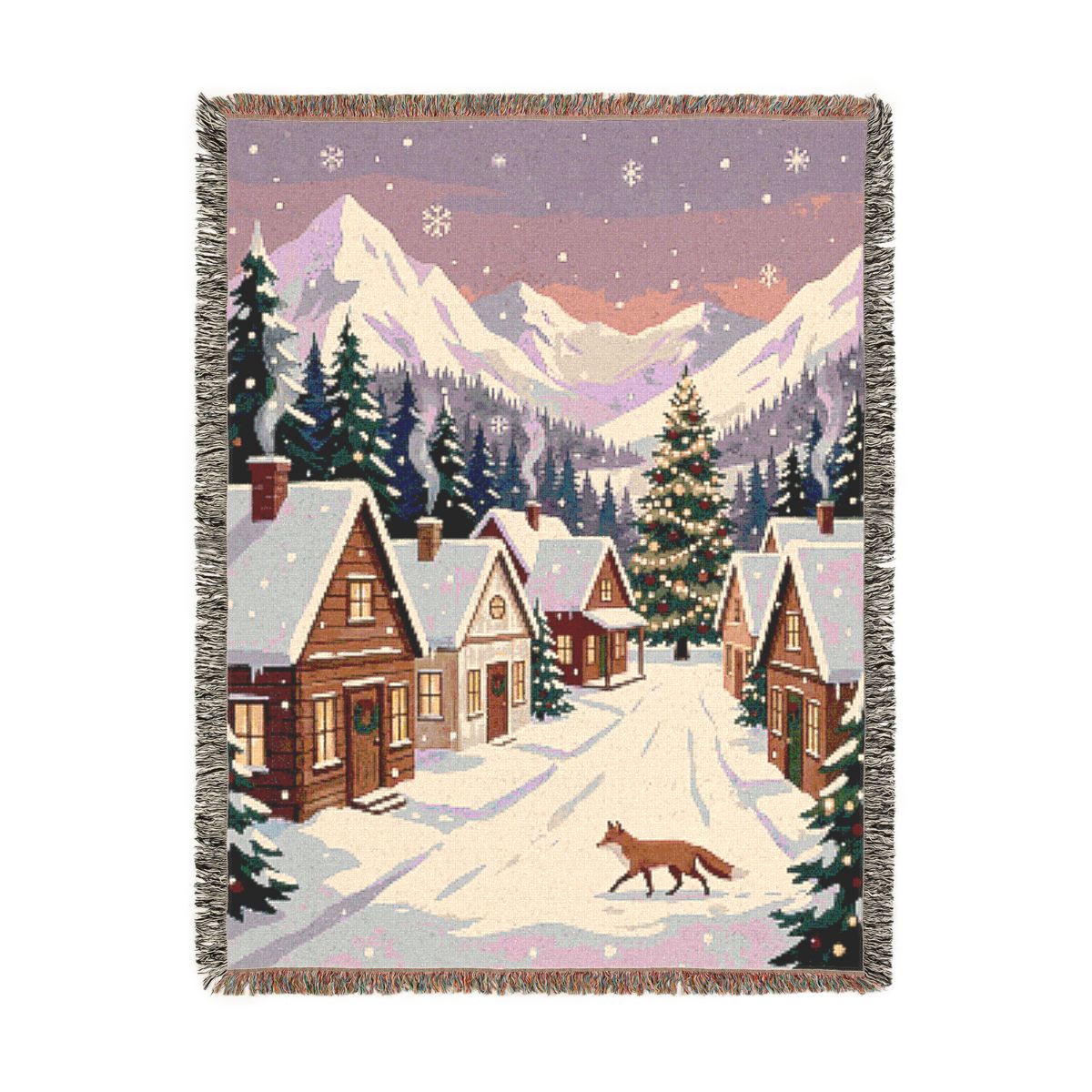 Snowy Village Woven Blanket, a 60 x 80 inch woven cotton throw blanket with fringed edges