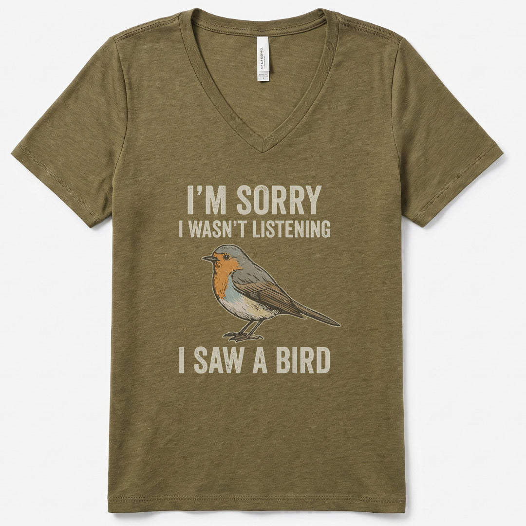 I Saw A Bird V-Neck Heather - women's relaxed v-neck tee in Heather Olive from Summit Soul