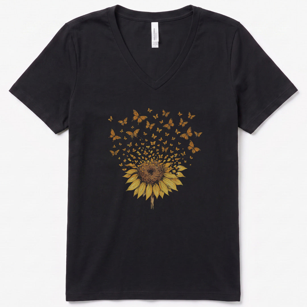 Sunburst Butterflies V-Neck Heather - women's relaxed v-neck tee in Black Heather from Summit Soul