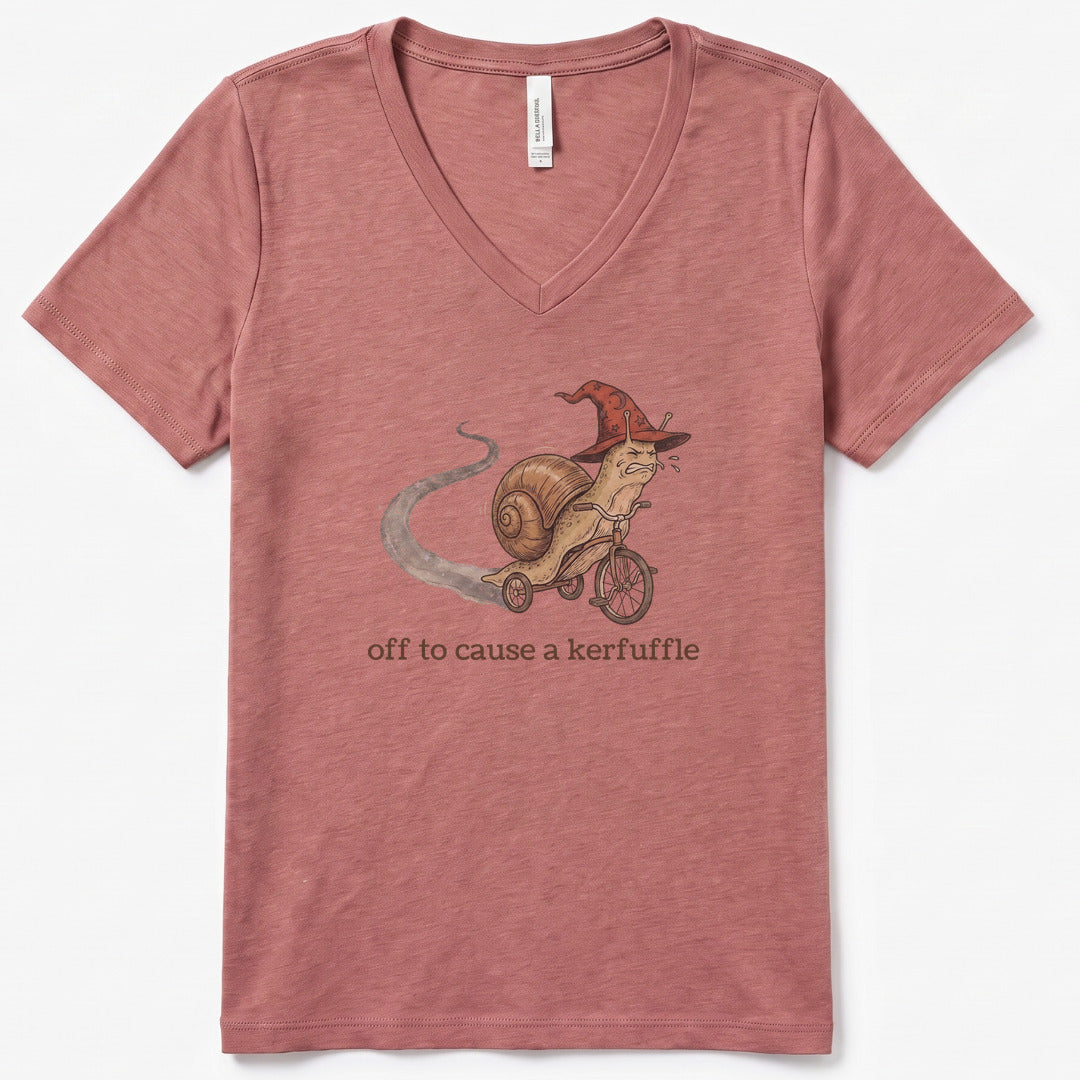 Off to Cause a Kerfuffle II V-Neck Heather - women's relaxed v-neck tee in Heather Mauve from Summit Soul