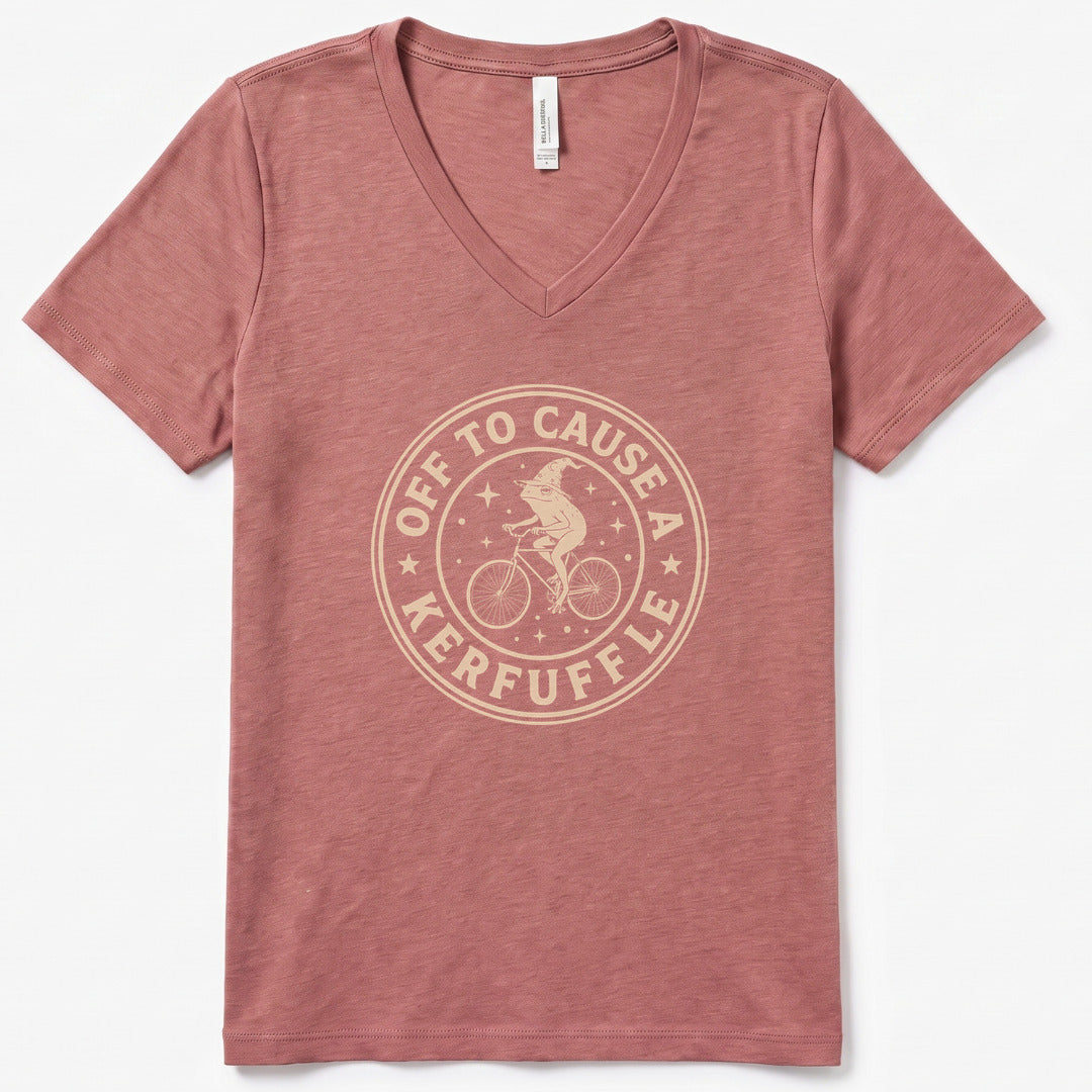 Off to Cause a Kerfuffle III V-Neck Heather - women's relaxed v-neck tee in Heather Mauve from Summit Soul