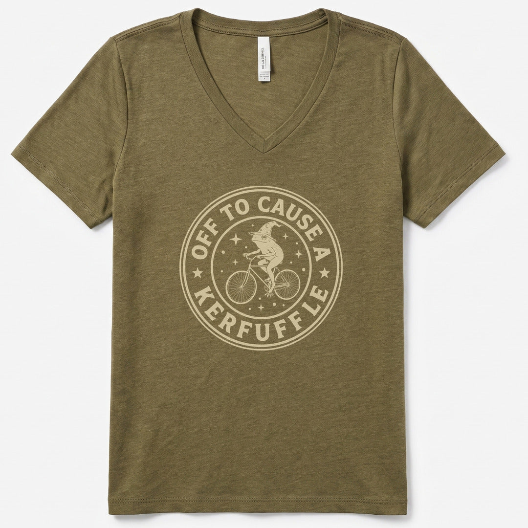Off to Cause a Kerfuffle III V-Neck Heather - women's relaxed v-neck tee in Heather Olive from Summit Soul