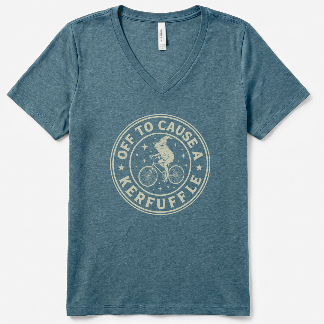 Off to Cause a Kerfuffle III V-Neck Heather - women's relaxed v-neck tee in Heather Slate from Summit Soul