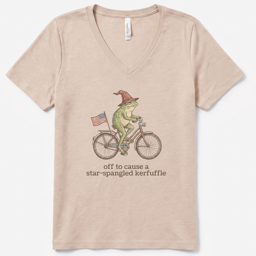 Off to Cause a Star-Spangled Kerfuffle V-Neck Heather - women's relaxed v-neck tee in Heather Dust from Summit Soul