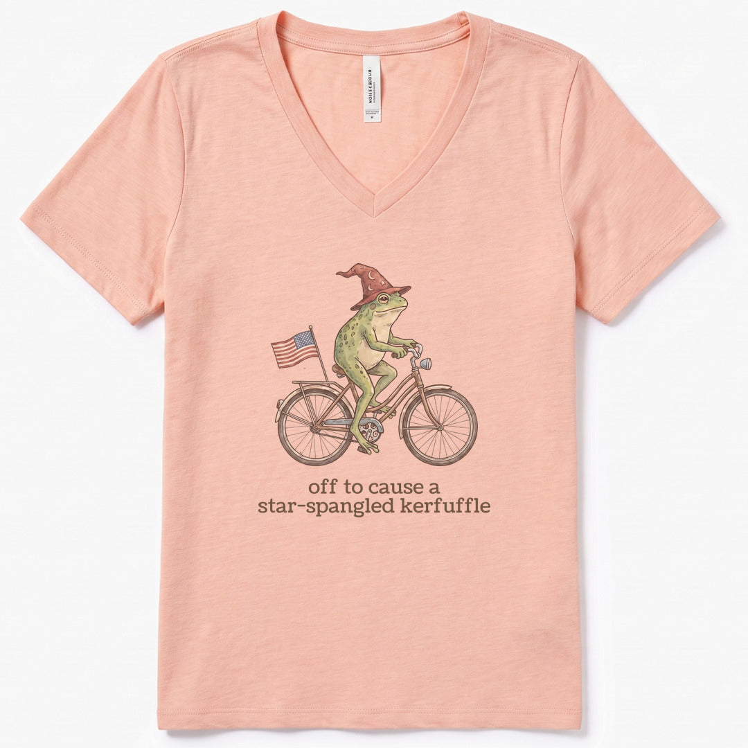 Off to Cause a Star-Spangled Kerfuffle V-Neck Heather - women's relaxed v-neck tee in Heather Peach from Summit Soul