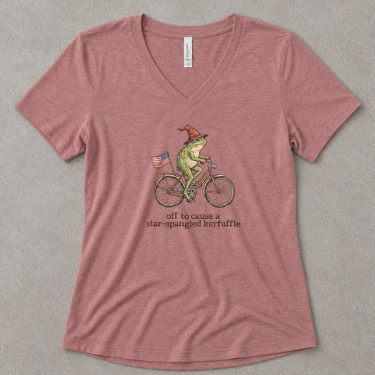 Off to Cause a Star-Spangled Kerfuffle V-Neck Heather - women's relaxed v-neck tee in Heather Mauve from Summit Soul