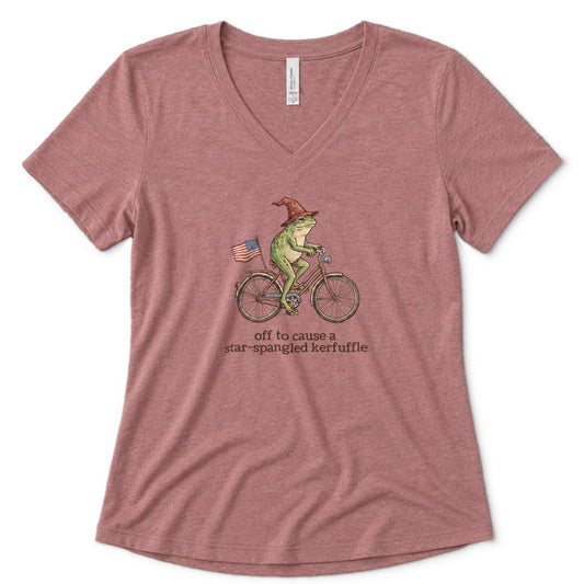 Off to Cause a Star-Spangled Kerfuffle V-Neck Heather - women's relaxed v-neck tee in Heather Mauve from Summit Soul