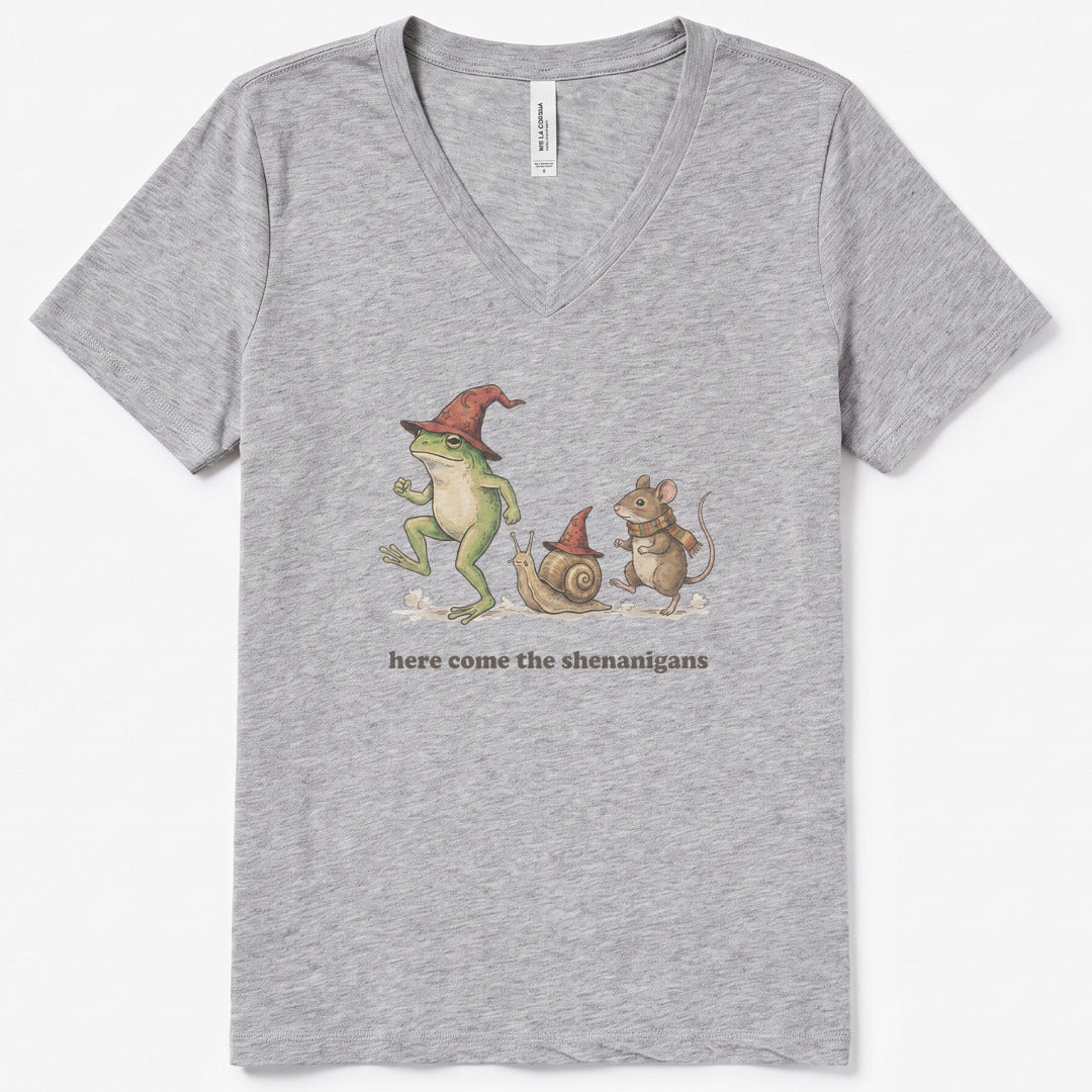 Here Come the Shenanigans V-Neck Heather - women's relaxed v-neck tee in Athletic Heather from Summit Soul