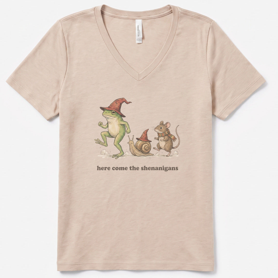 Here Come the Shenanigans V-Neck Heather - women's relaxed v-neck tee in Heather Dust from Summit Soul