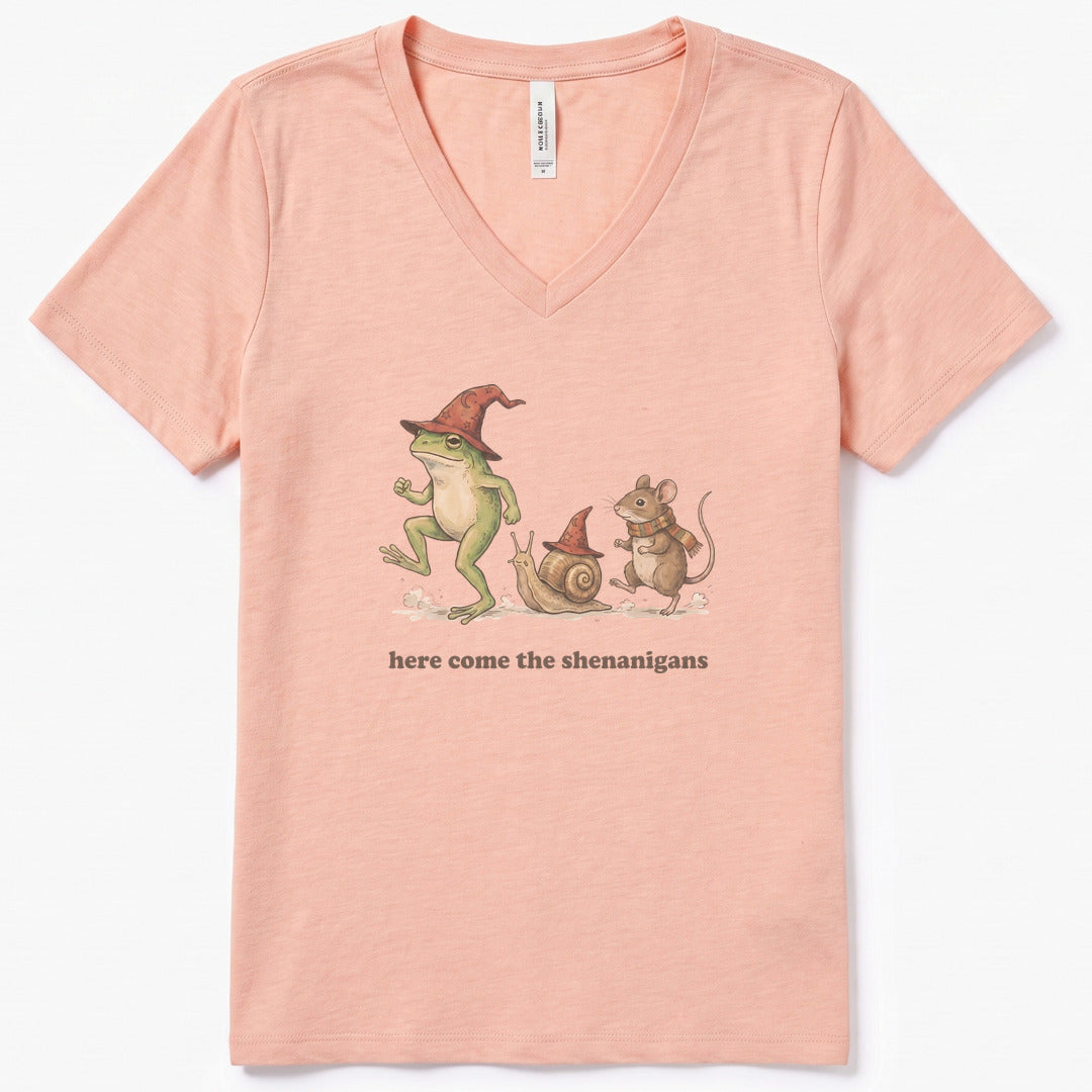 Here Come the Shenanigans V-Neck Heather - women's relaxed v-neck tee in Heather Peach from Summit Soul