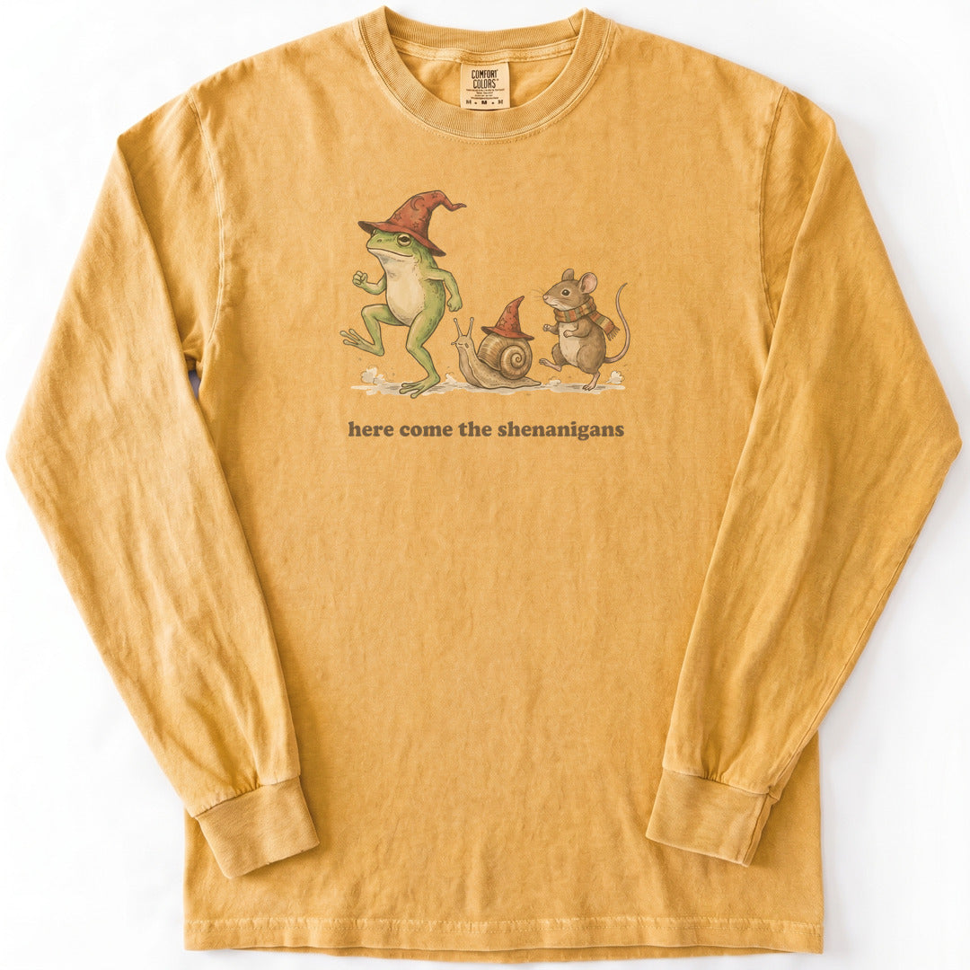 Here Come the Shenanigans Premium LS - Comfort Colors garment-dyed long sleeve in Mustard from Summit Soul