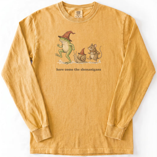 Here Come the Shenanigans Premium LS - Comfort Colors garment-dyed long sleeve in Mustard from Summit Soul