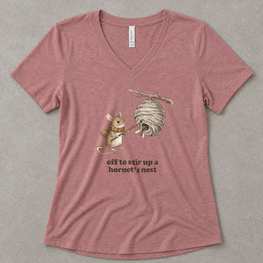 Off to Stir Up a Hornet's Nest V-Neck Heather - women's relaxed v-neck tee in Heather Mauve from Summit Soul