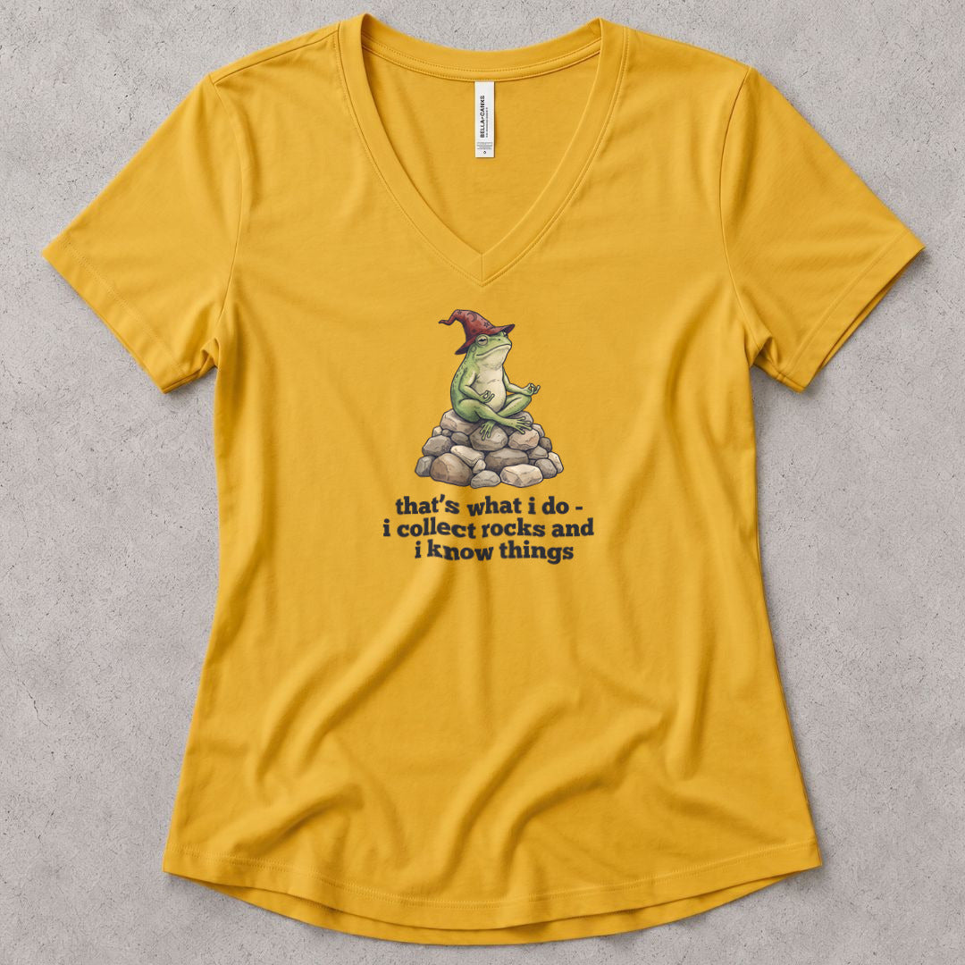 I Collect Rocks and I Know Things V-Neck - women's relaxed v-neck tee in Mustard from Summit Soul