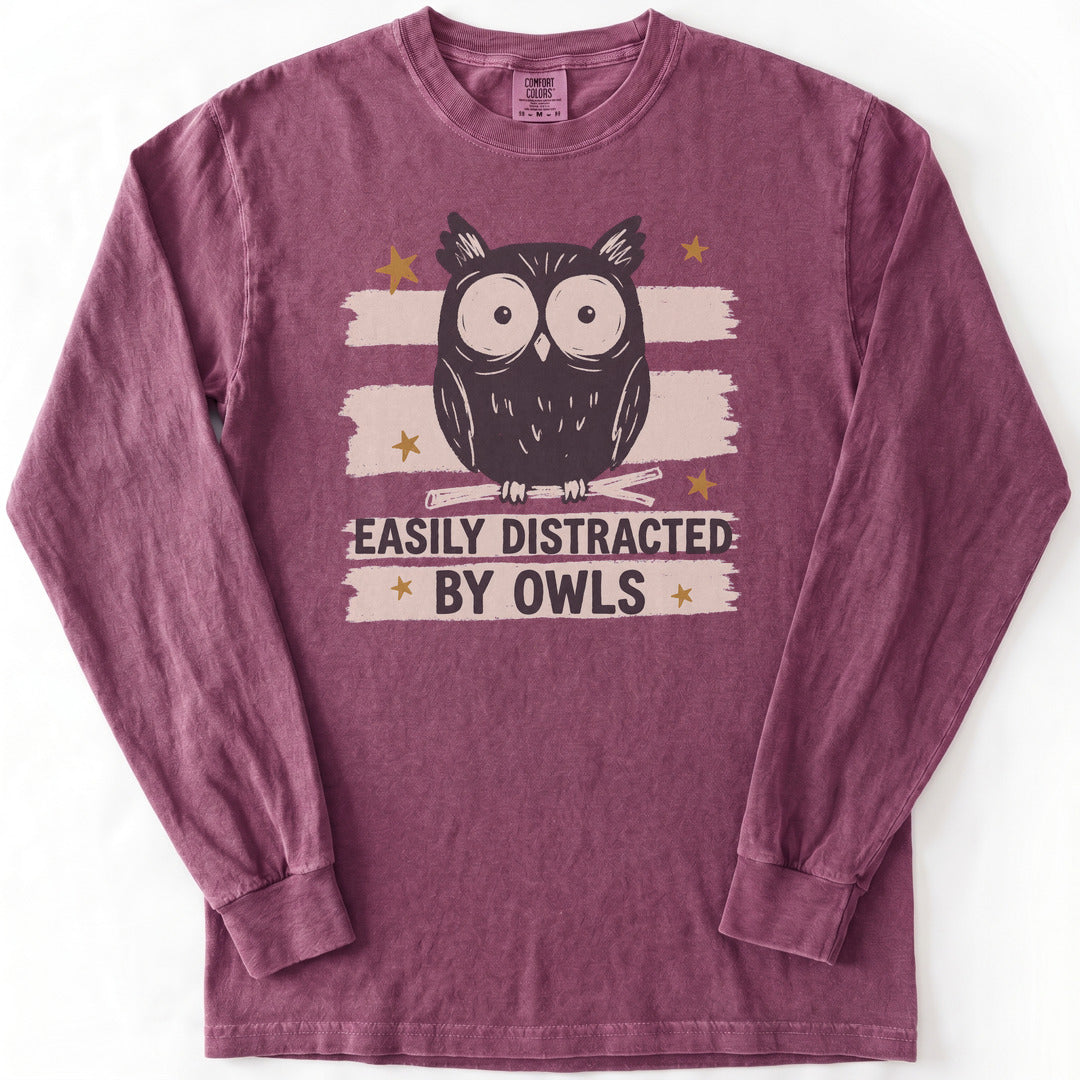 Easily Distracted by Owls Premium LS - Comfort Colors garment-dyed long sleeve in Berry from Summit Soul