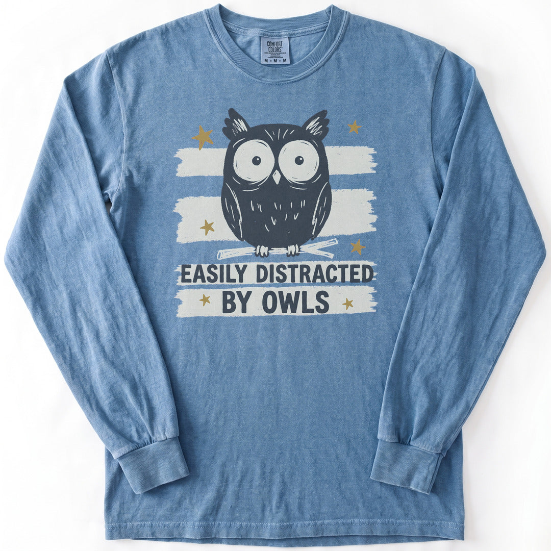 Easily Distracted by Owls Premium LS - Comfort Colors garment-dyed long sleeve in Blue Jean from Summit Soul
