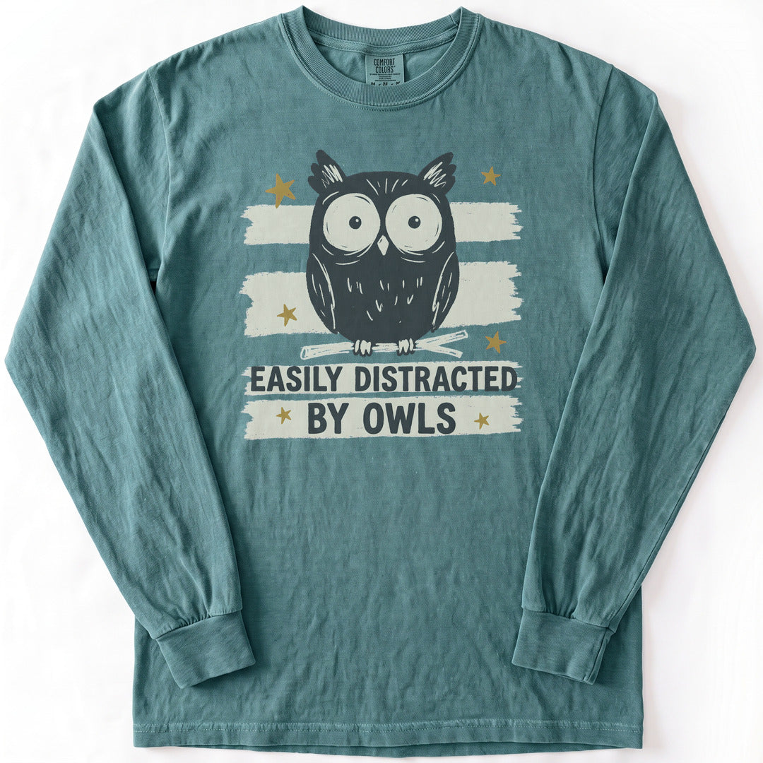 Easily Distracted by Owls Premium LS - Comfort Colors garment-dyed long sleeve in Blue Spruce from Summit Soul