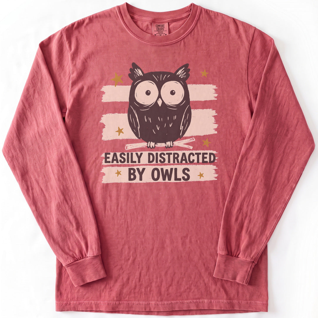 Easily Distracted by Owls Premium LS - Comfort Colors garment-dyed long sleeve in Crimson from Summit Soul