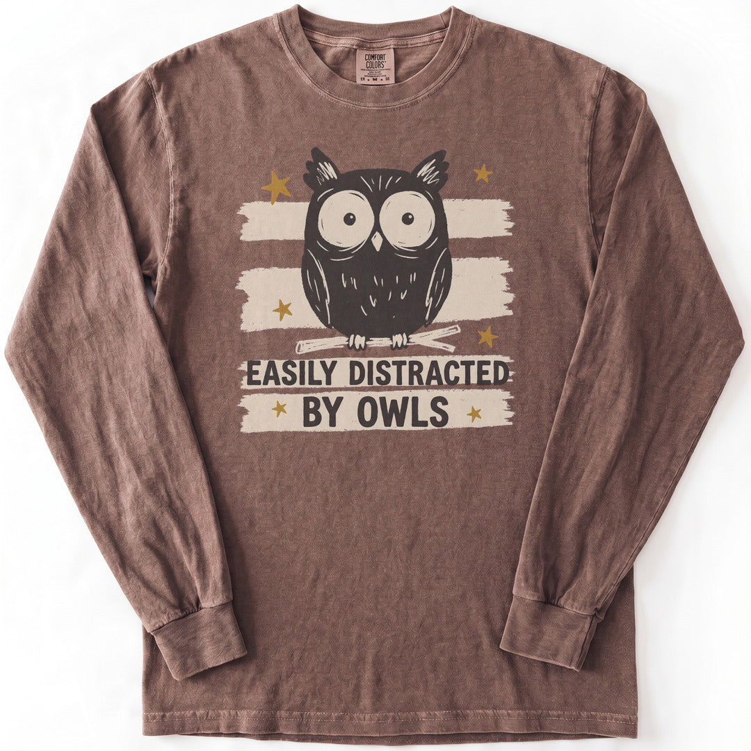 Easily Distracted by Owls Premium LS - Comfort Colors garment-dyed long sleeve in Espresso from Summit Soul