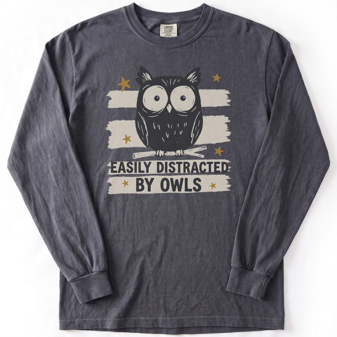 Easily Distracted by Owls Premium LS - Comfort Colors garment-dyed long sleeve in Graphite from Summit Soul