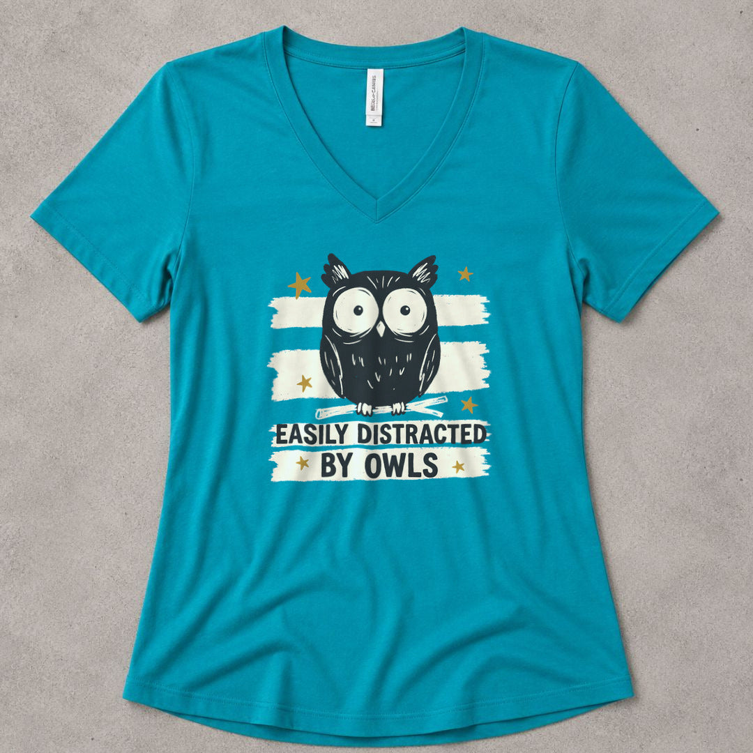 Easily Distracted by Owls V-Neck - women's relaxed v-neck tee in Turquoise from Summit Soul
