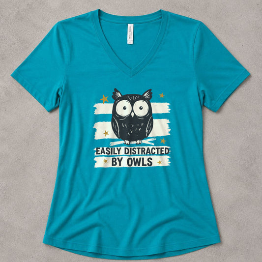 Easily Distracted by Owls V-Neck - women's relaxed v-neck tee in Turquoise from Summit Soul