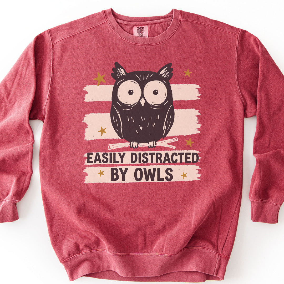 Easily Distracted by Owls Premium Sweatshirt - Crimson