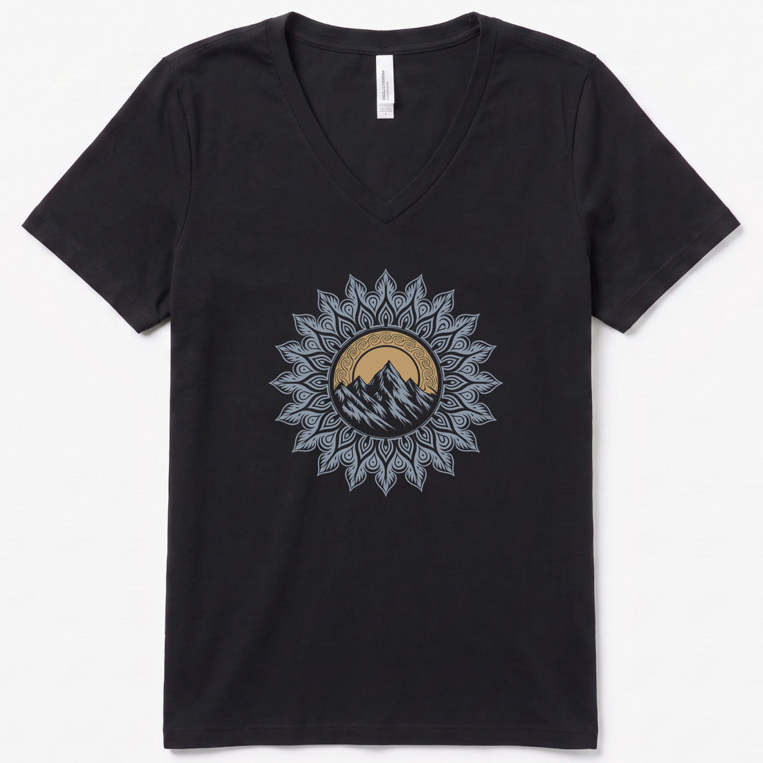Mountain Mandala V-Neck Heather - women's relaxed v-neck tee in Black Heather from Summit Soul