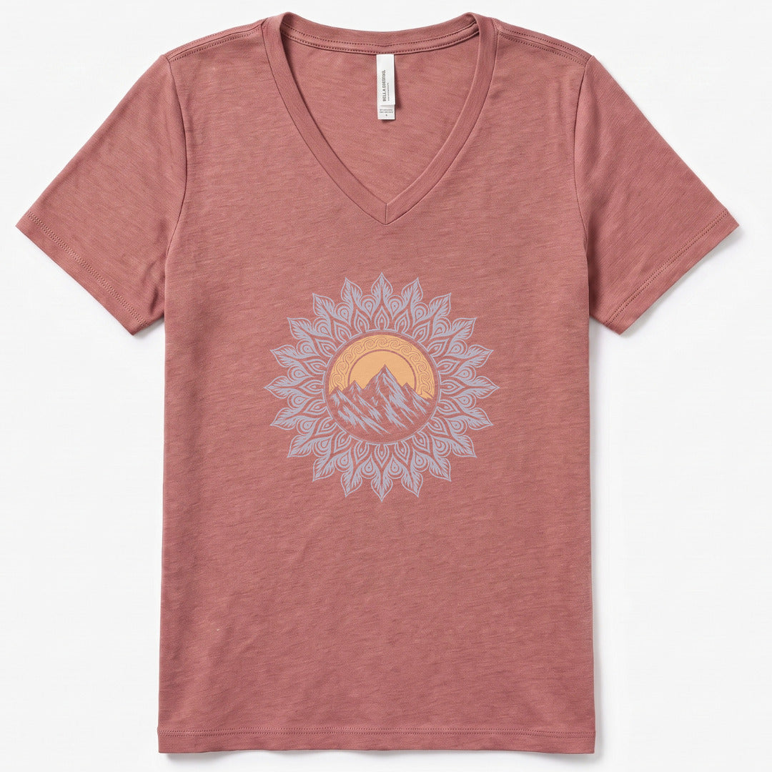 Mountain Mandala V-Neck Heather - women's relaxed v-neck tee in Heather Mauve from Summit Soul