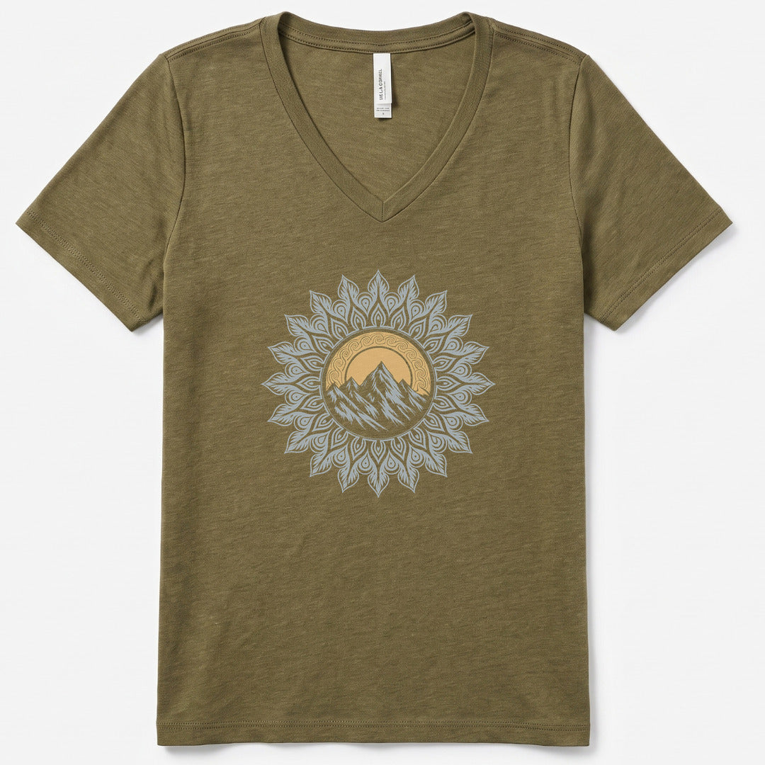 Mountain Mandala V-Neck Heather - women's relaxed v-neck tee in Heather Olive from Summit Soul