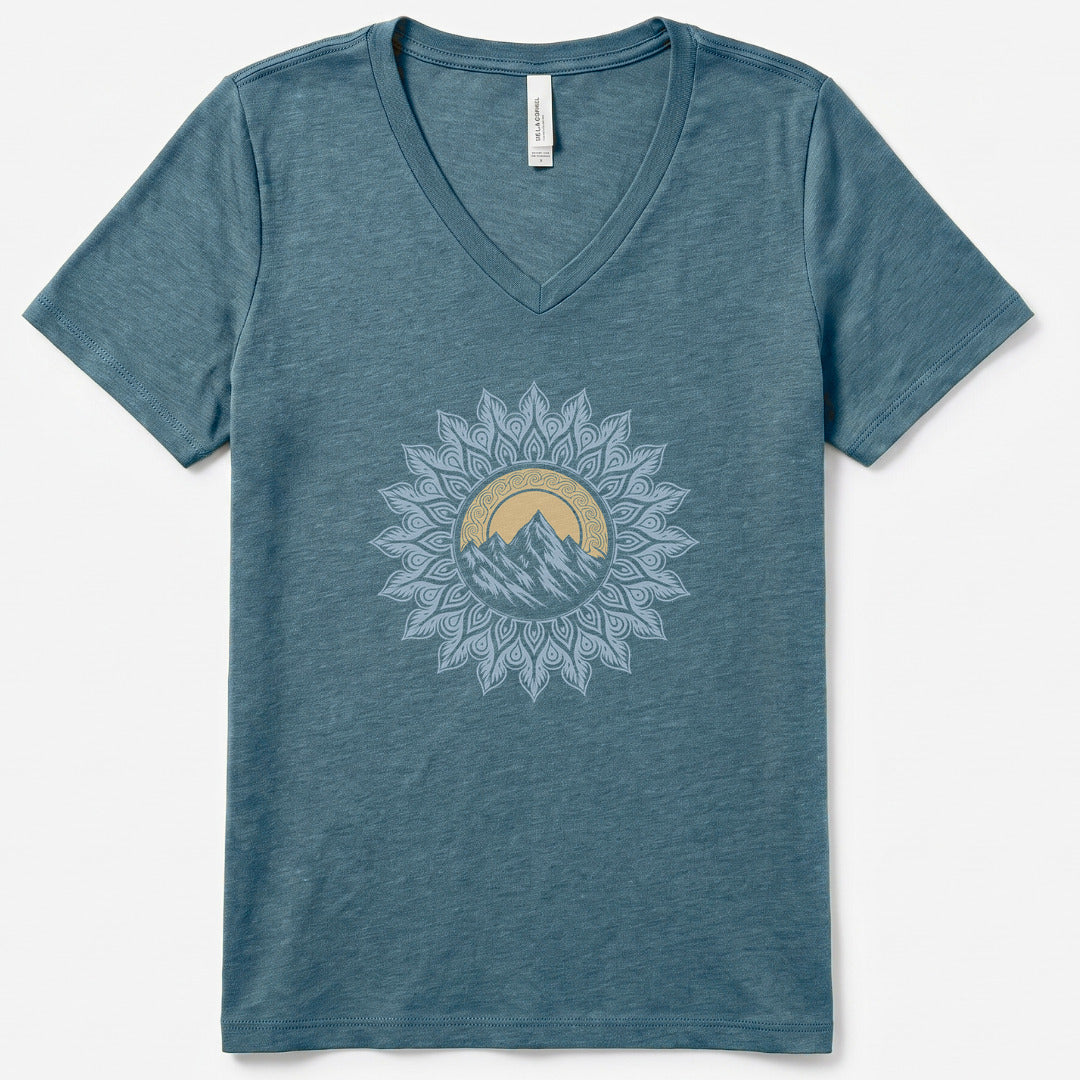 Mountain Mandala V-Neck Heather - women's relaxed v-neck tee in Heather Slate from Summit Soul