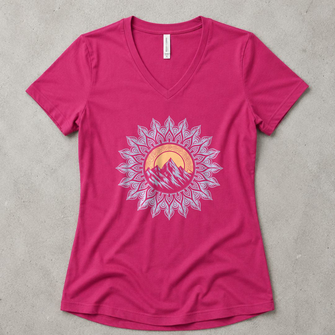 Mountain Mandala V-Neck - women's relaxed v-neck tee in Berry from Summit Soul